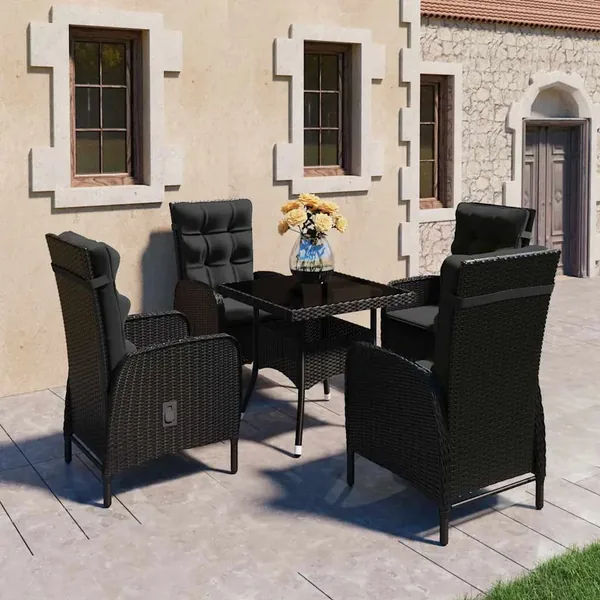 Garden dining set 5 pcs Poly rattan and glass Black