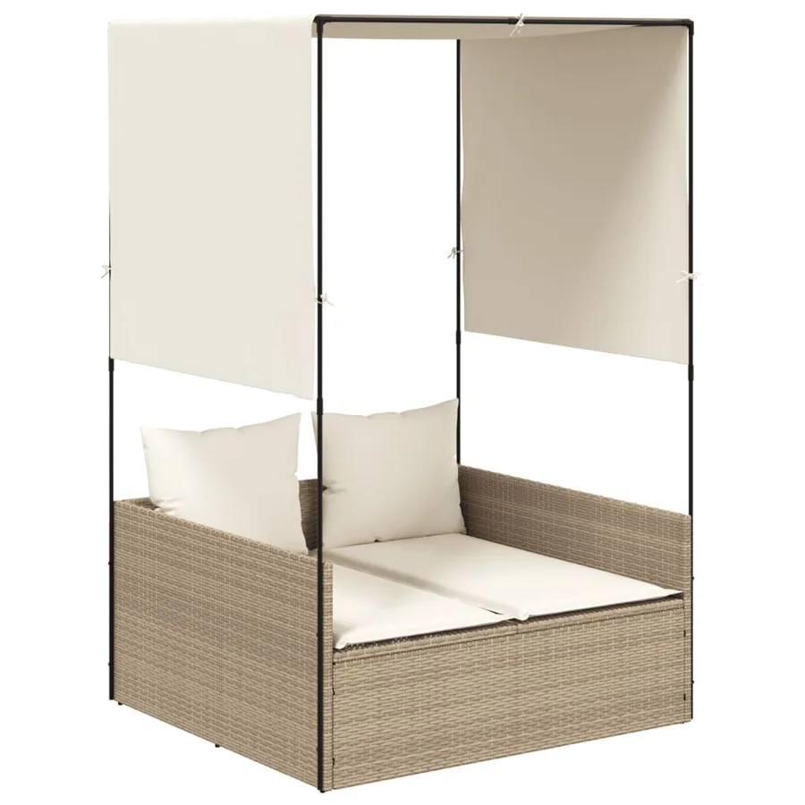 Chaise longue double avec toit et rideaux beige résine tressée - 2