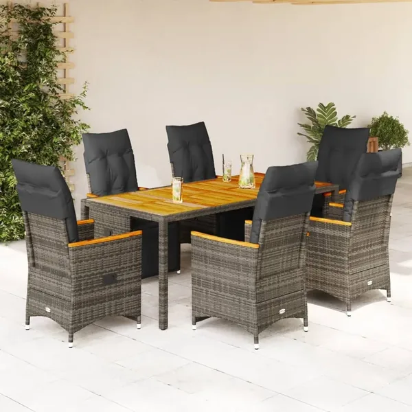 Ensemble de bistro de jardin 7 pcs coussins gris poly rotin