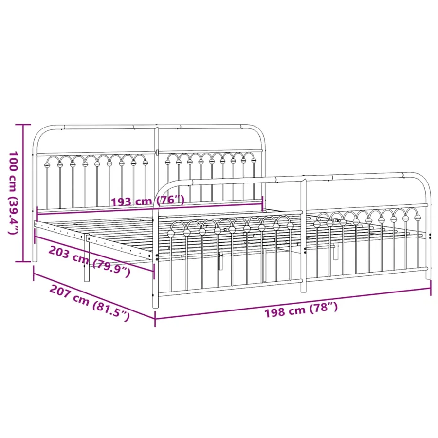 Cadre de lit métal sans matelas avec pied de lit noir 193x203cm - 8