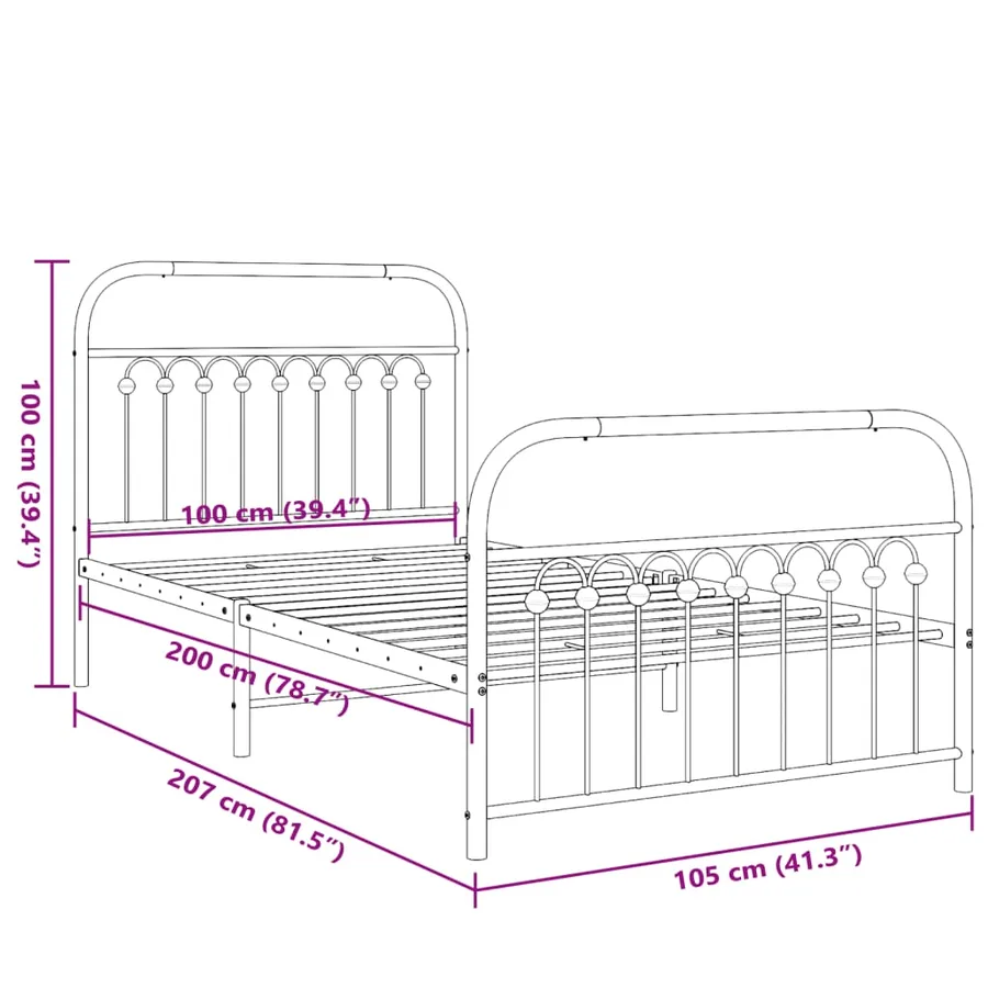 Cadre de lit métal sans matelas et pied de lit noir 100x200 cm - 8