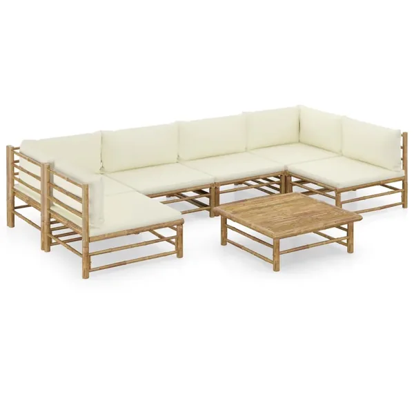 Garden lounge set 7 pcs with cushions creamy white bamboo