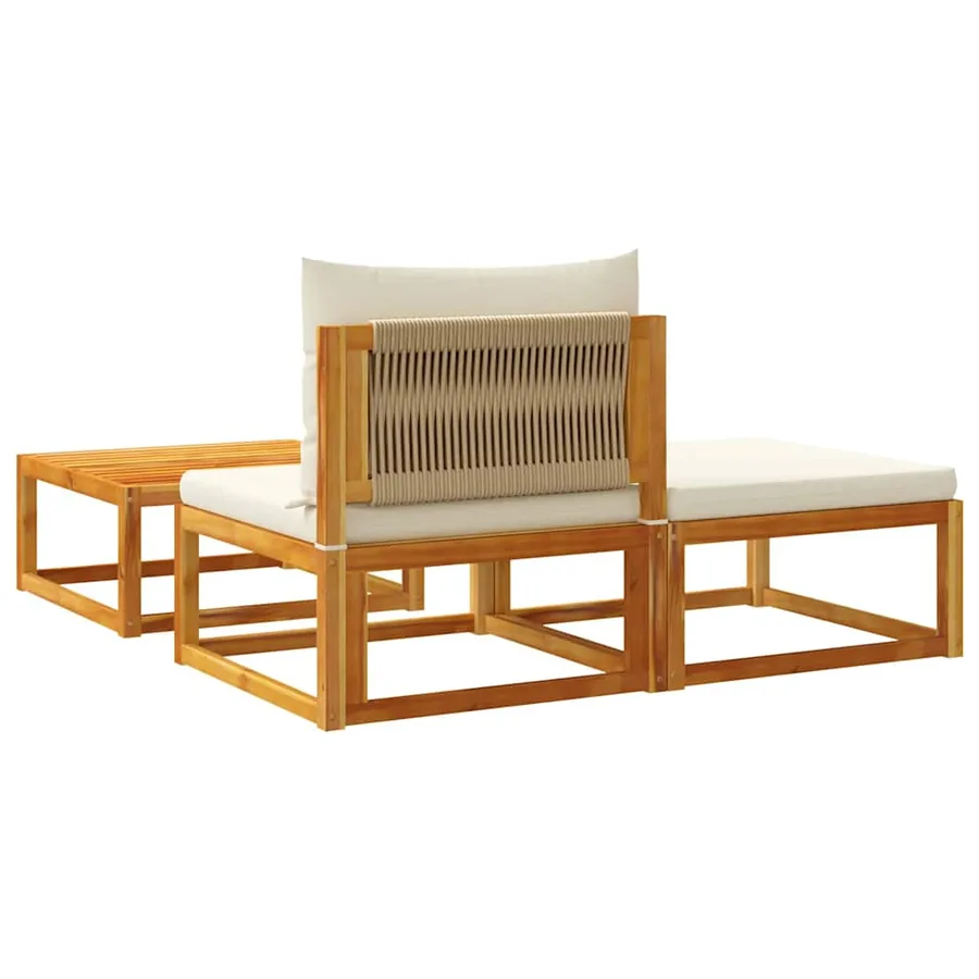 Ensemble de canapés de jardin 3 pièces avec coussins, bois d'acacia et corde, - 6