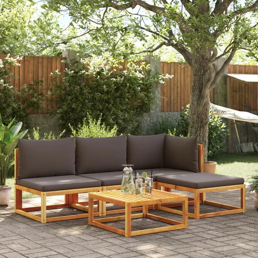 Ensemble de canapés de jardin 5 pièces avec coussins en bois d'acacia et corde