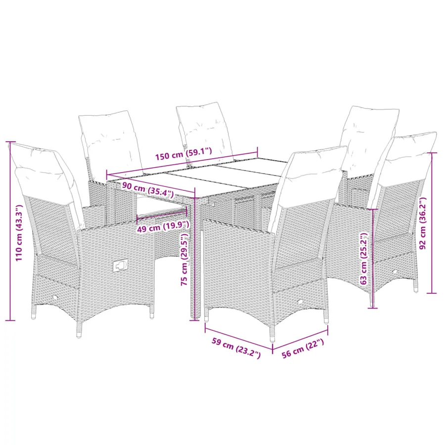 Ensemble à manger de jardin et coussins 7 pcs gris rotin - 7