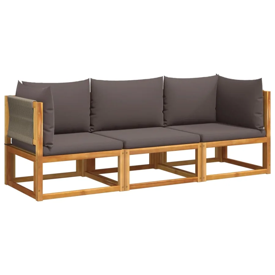 Ensemble de canapés de jardin 3 pièces avec coussins, bois d'acacia et corde, - 2
