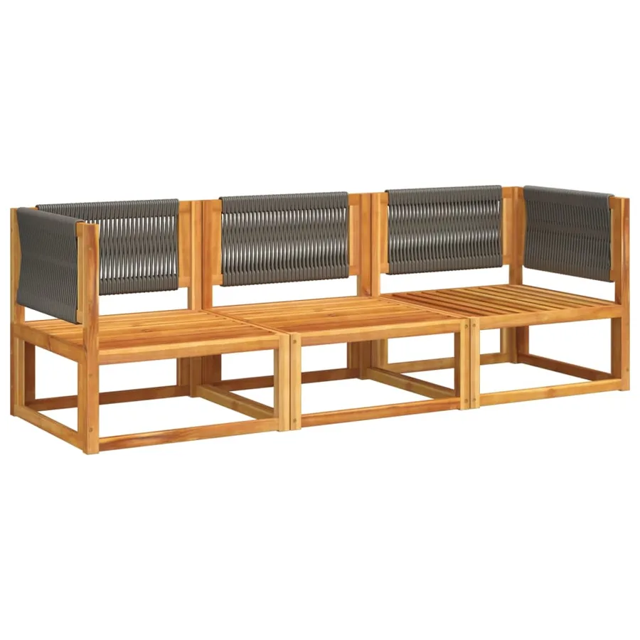 Ensemble de canapés de jardin 3 pièces avec coussins, bois d'acacia et corde, - 3
