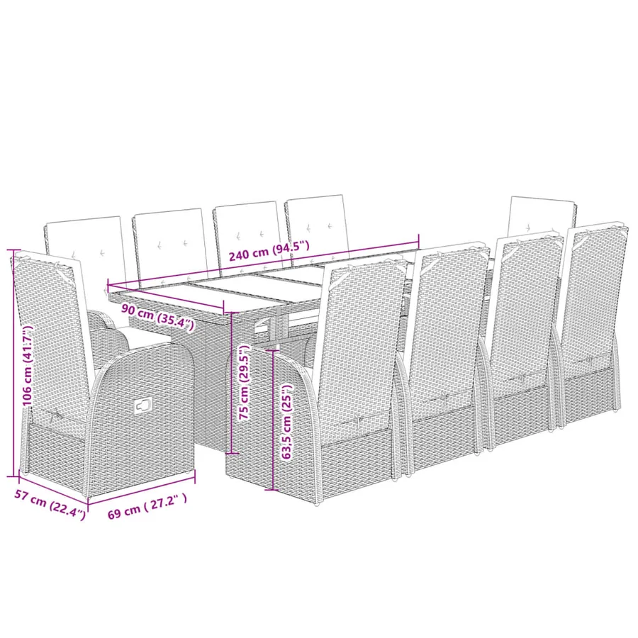 Ensemble à manger de jardin 11pcs avec coussins gris poly rotin - 7