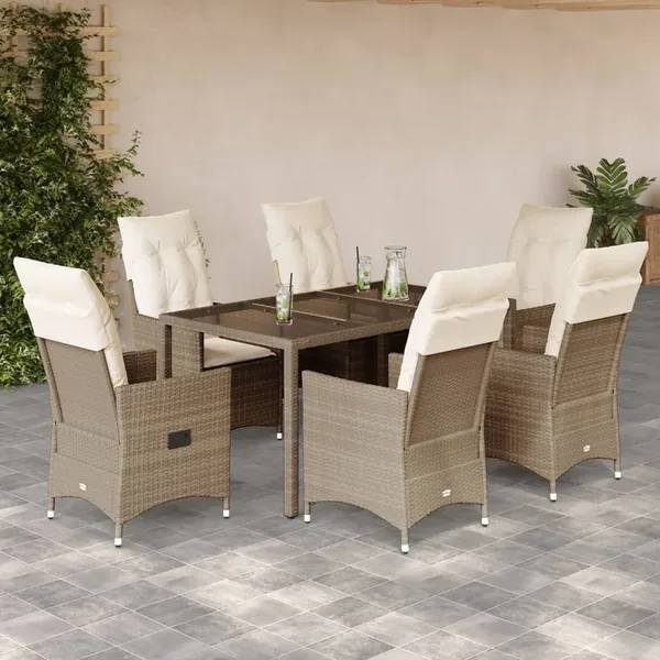 Ensemble à manger de jardin et coussins 7 pcs beige poly rotin