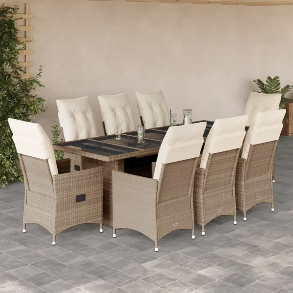 Ensemble de bistro de jardin 9 pcs coussins beige poly rotin