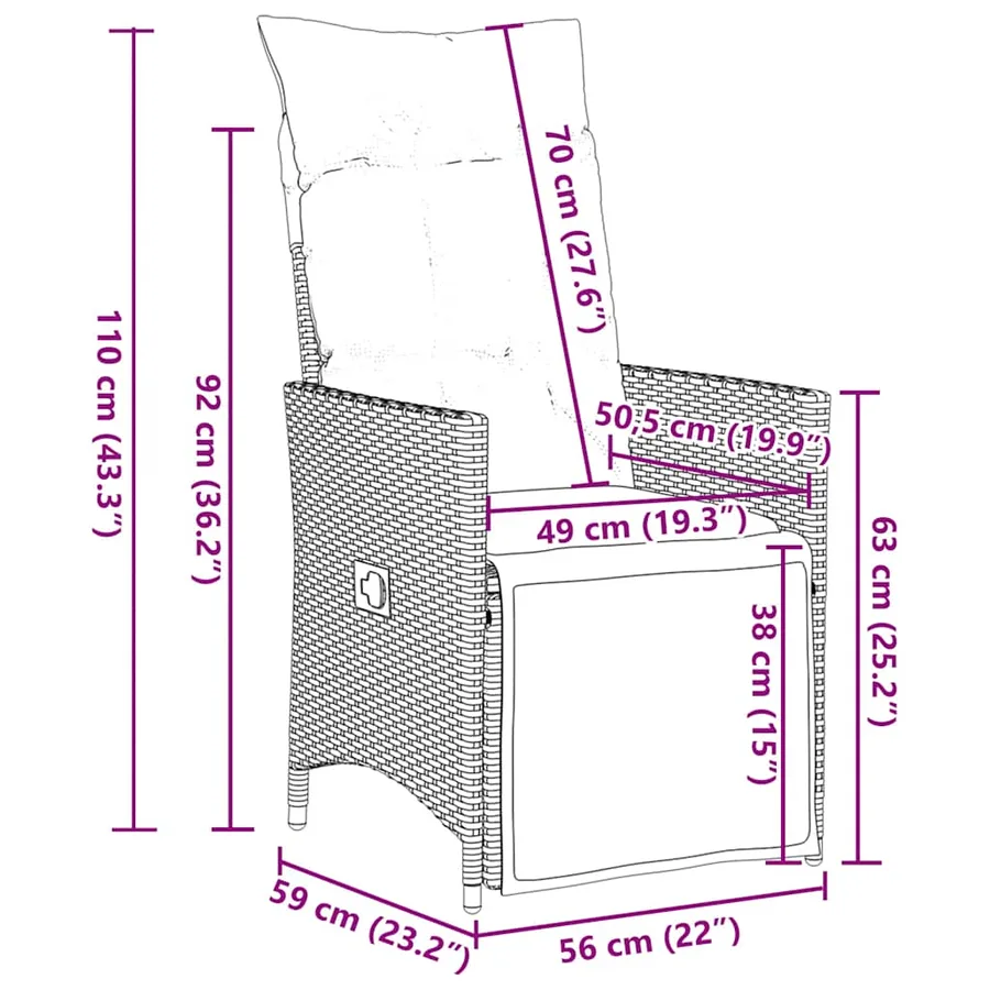 Chaise inclinable de jardin avec coussins noir résine tressée - 11