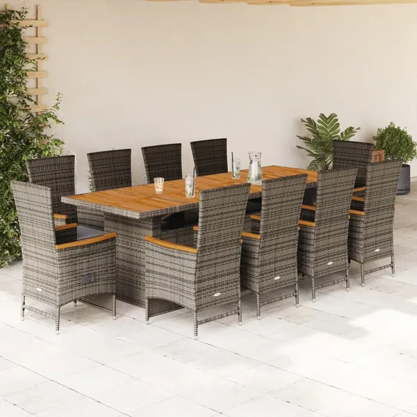 Ensemble à manger de jardin 11pcs avec coussins gris poly rotin