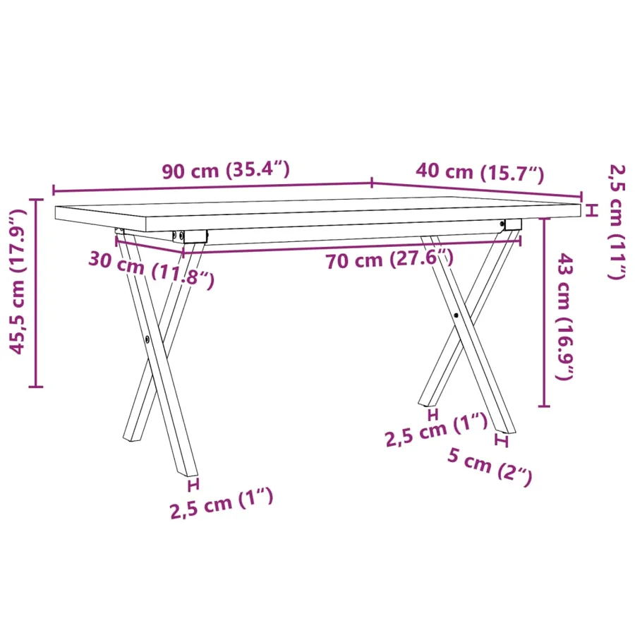 Table basse cadre en X 90x40x45,5cm bois de pin massif et acier - 10