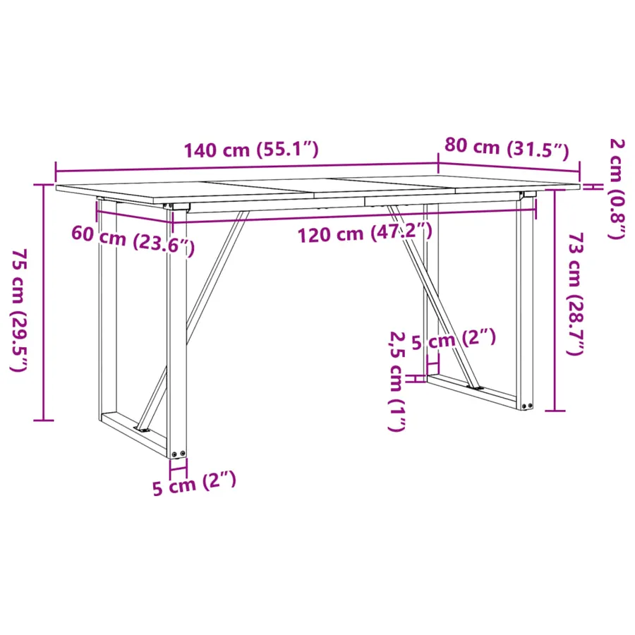 Table à manger cadre en O 140x80x75 cm bois de pin massif acier - 10