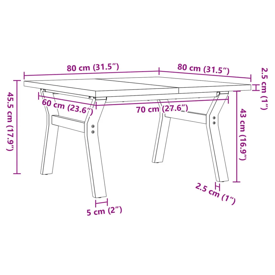 Table basse cadre en Y 80x80x45,5cm bois de pin massif et acier - 10
