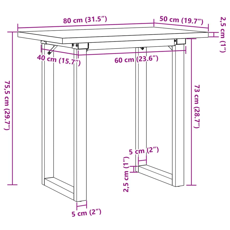 Table à manger cadre en O 80x50x75,5cm bois de pin massif acier - 10