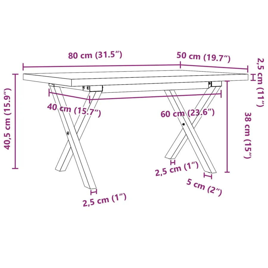 Table basse cadre en X 80x50x40,5cm bois de pin massif et acier - 10
