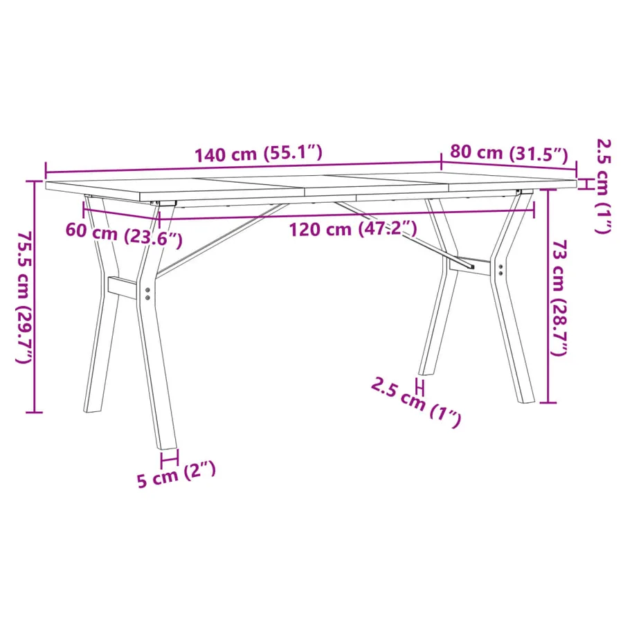 Table à manger cadre en Y 140x80x75,5 cm bois pin massif acier - 10