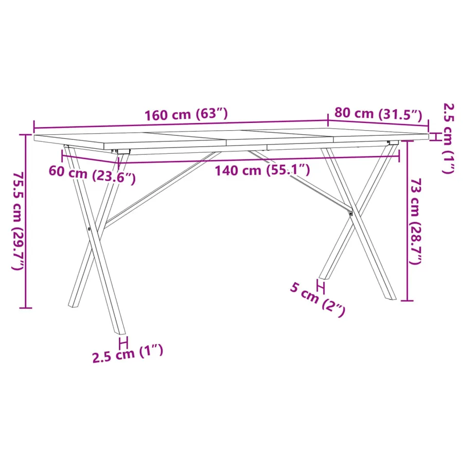 Table à manger cadre en X 160x80x75,5 cm bois pin massif acier - 10