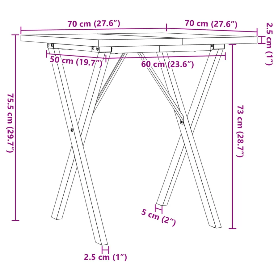 Table à manger cadre en X 70x70x75,5cm bois de pin massif acier - 10