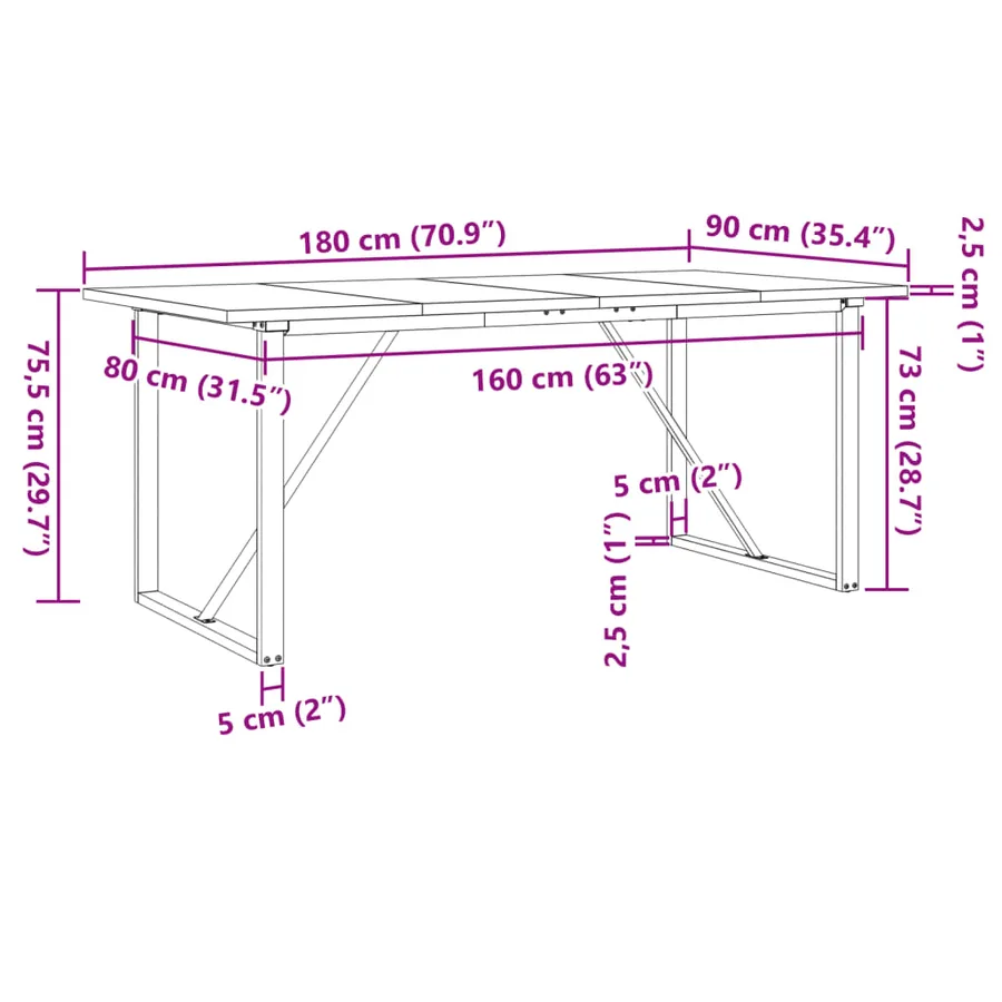 Table à manger cadre en O 180x90x75,5 cm bois pin massif acier - 10