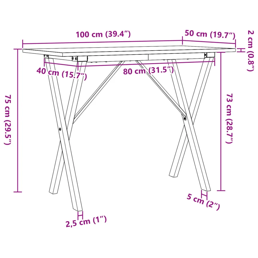 Table à manger cadre en X 100x50x75 cm bois de pin massif acier - 10