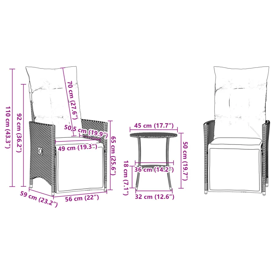 Ensemble de bistro 3 pcs avec coussins noir résine tressée - 10