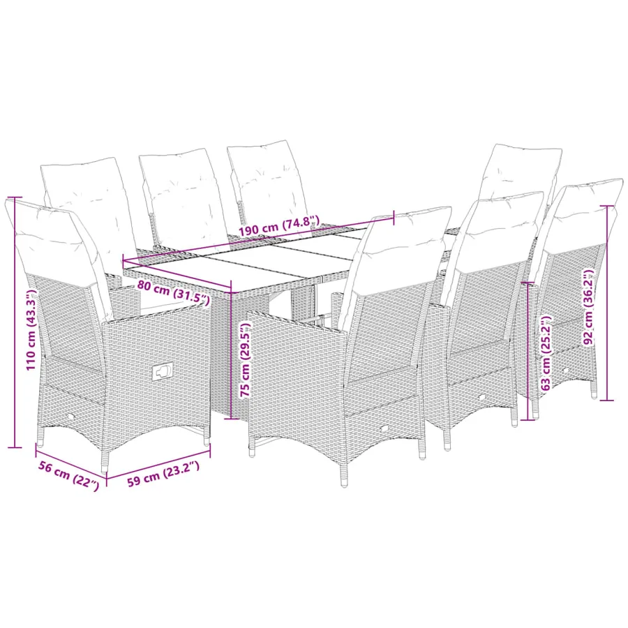 Ensemble de bistro de jardin 9 pcs coussins beige poly rotin - 7