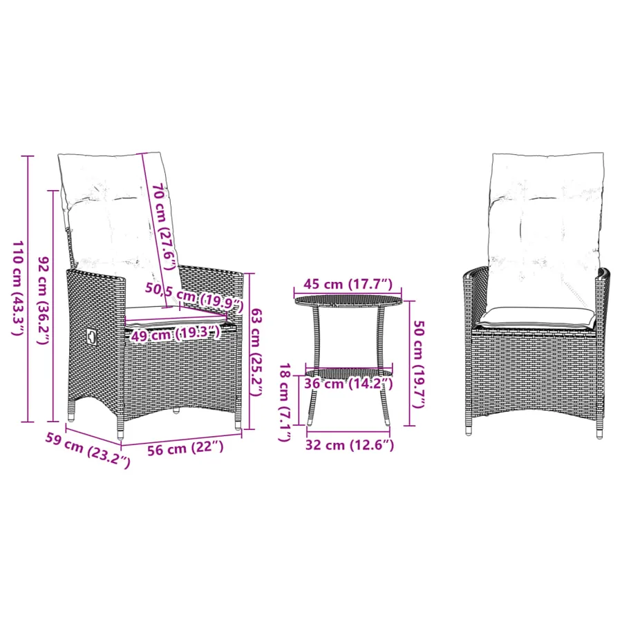 Ensemble de bistro 3 pcs avec coussins noir résine tressée - 10