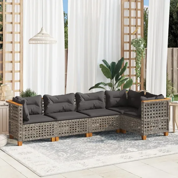 Salon de jardin 5 pcs avec coussins gris résine tressée