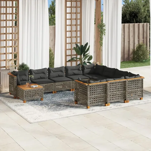 Salon de jardin 11 pcs avec coussins gris résine tressée