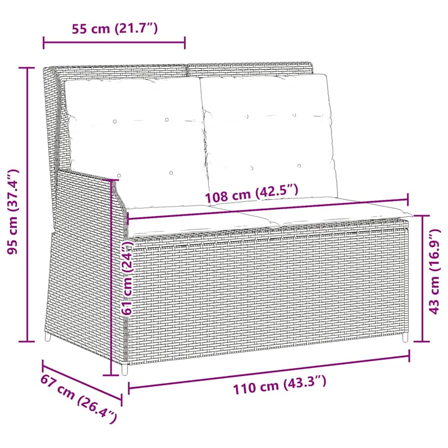 Banc inclinable de jardin avec coussins noir résine tressée - 9