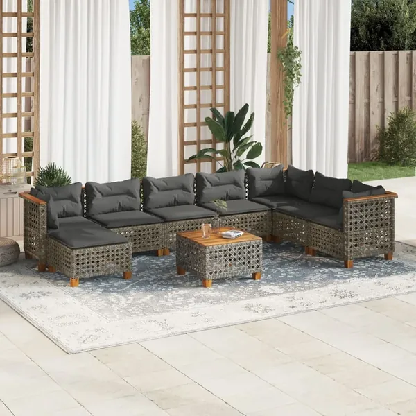 Salon de jardin 9 pcs avec coussins gris résine tressée