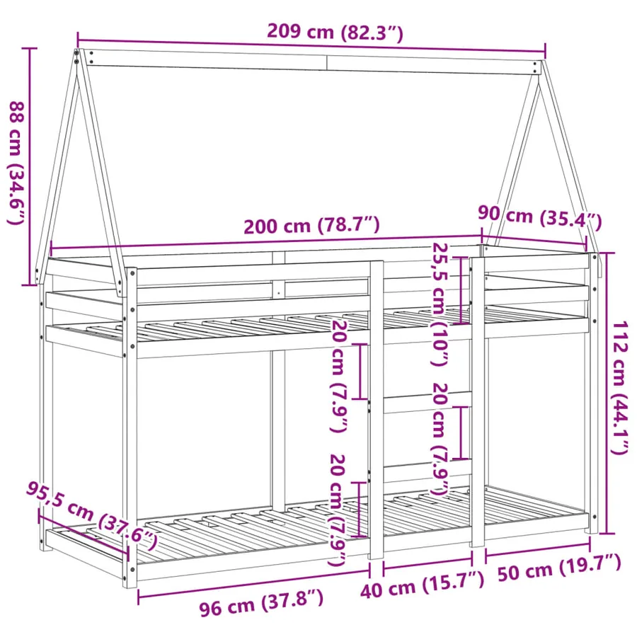 Lit superposé sans matelas blanc 90x200 cm bois de pin massif - 12
