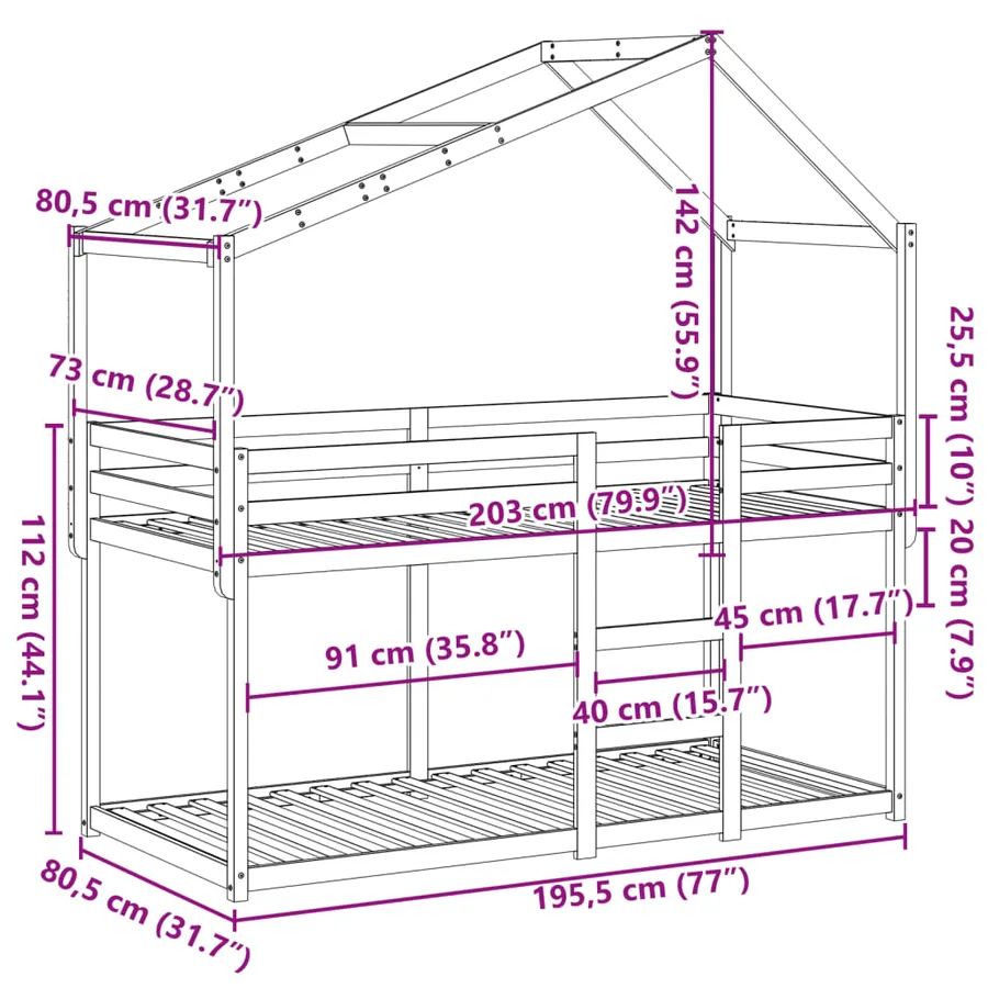 Lit superposé sans matelas 75x190 cm bois de pin massif - 12