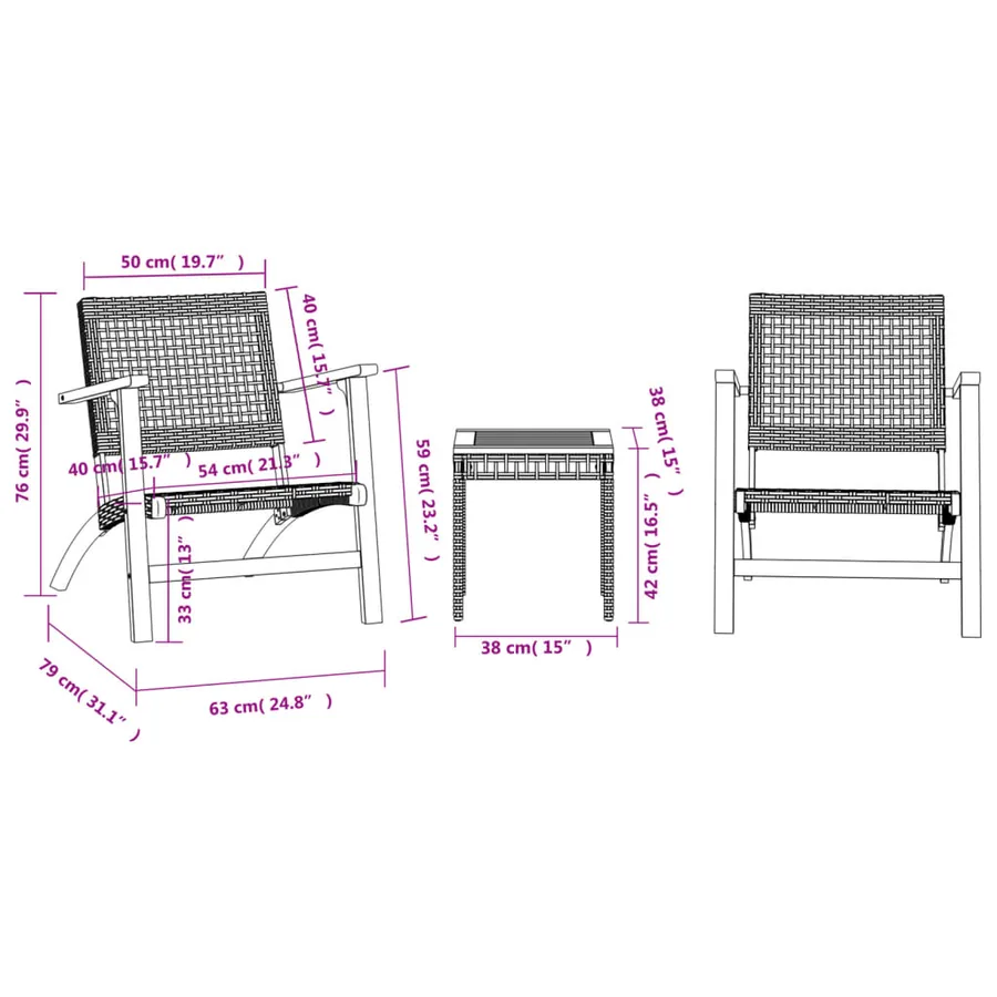 Ensemble de bistro 3 pcs noir résine tressée et bois d'acacia - 10