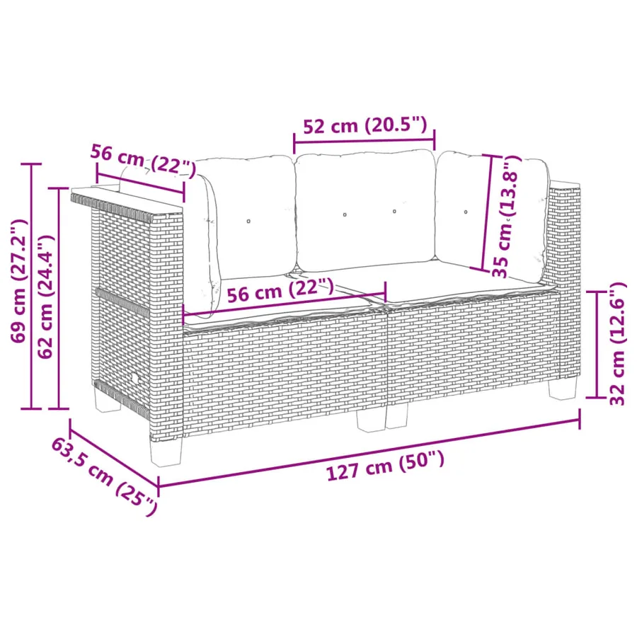 Canapés d'angle de jardin et coussins 2 pcs noir résine tressée - 8