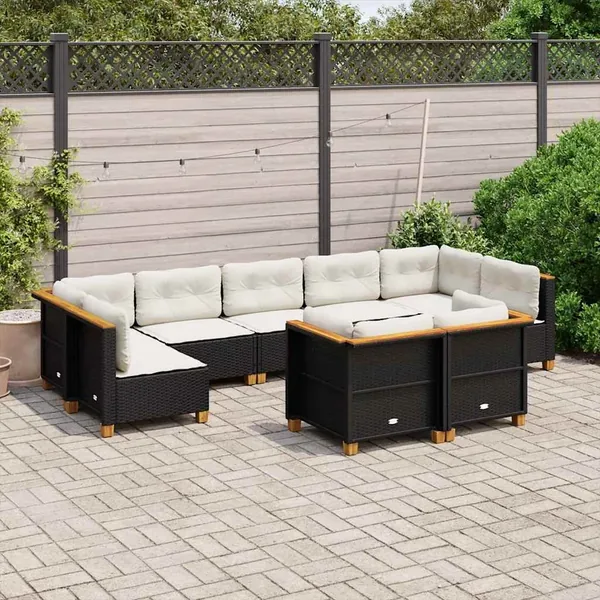Salon de jardin 9 pcs avec coussins noir résine tressée