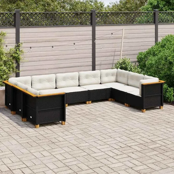 Salon de jardin 9 pcs avec coussins noir résine tressée
