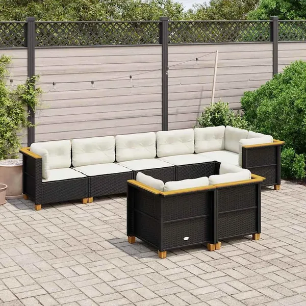 Salon de jardin 8 pcs avec coussins noir résine tressée