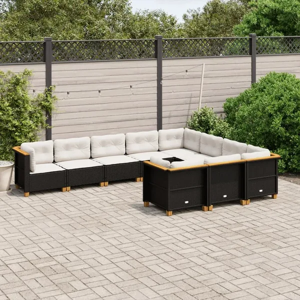 Salon de jardin 10 pcs avec coussins noir résine tressée