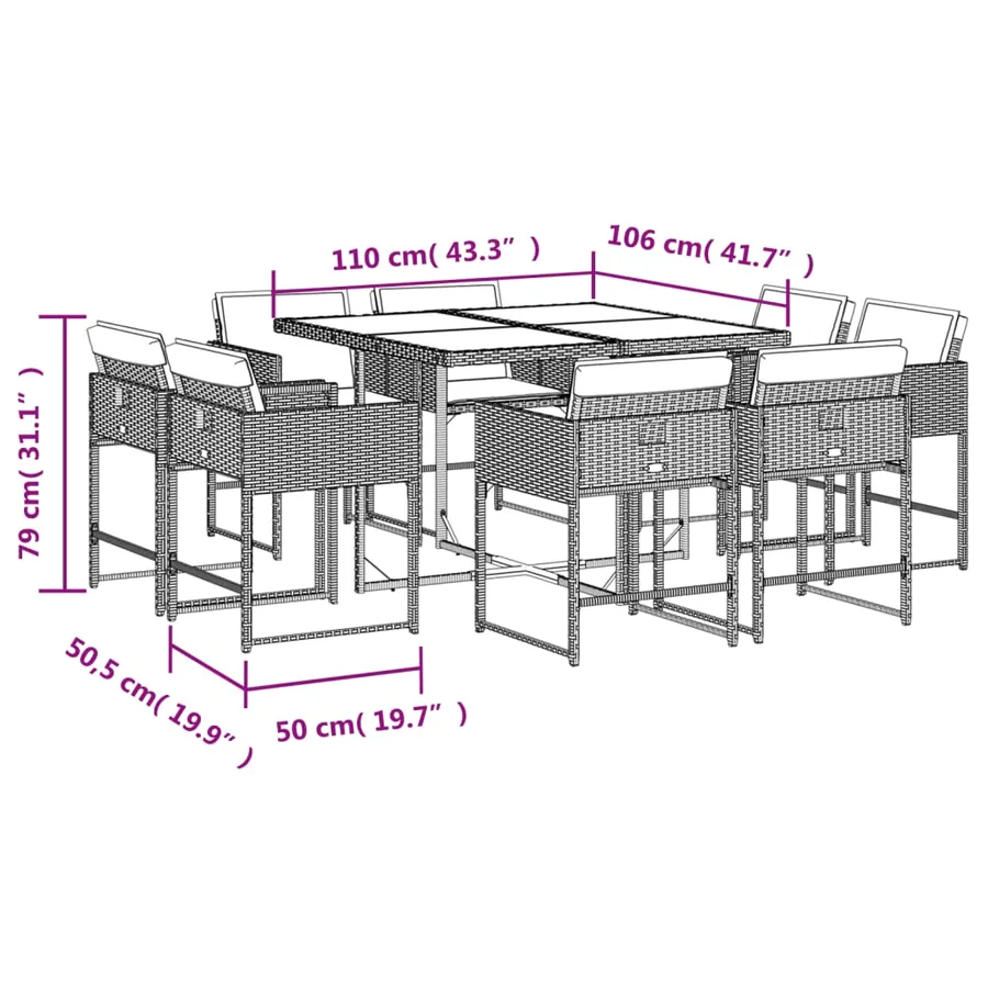 Ensemble à manger de jardin 9pcs coussins noir résine tressée - 8