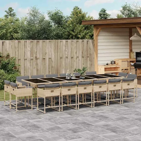 Ensemble à manger de jardin et coussins 17 pcs mélange beige