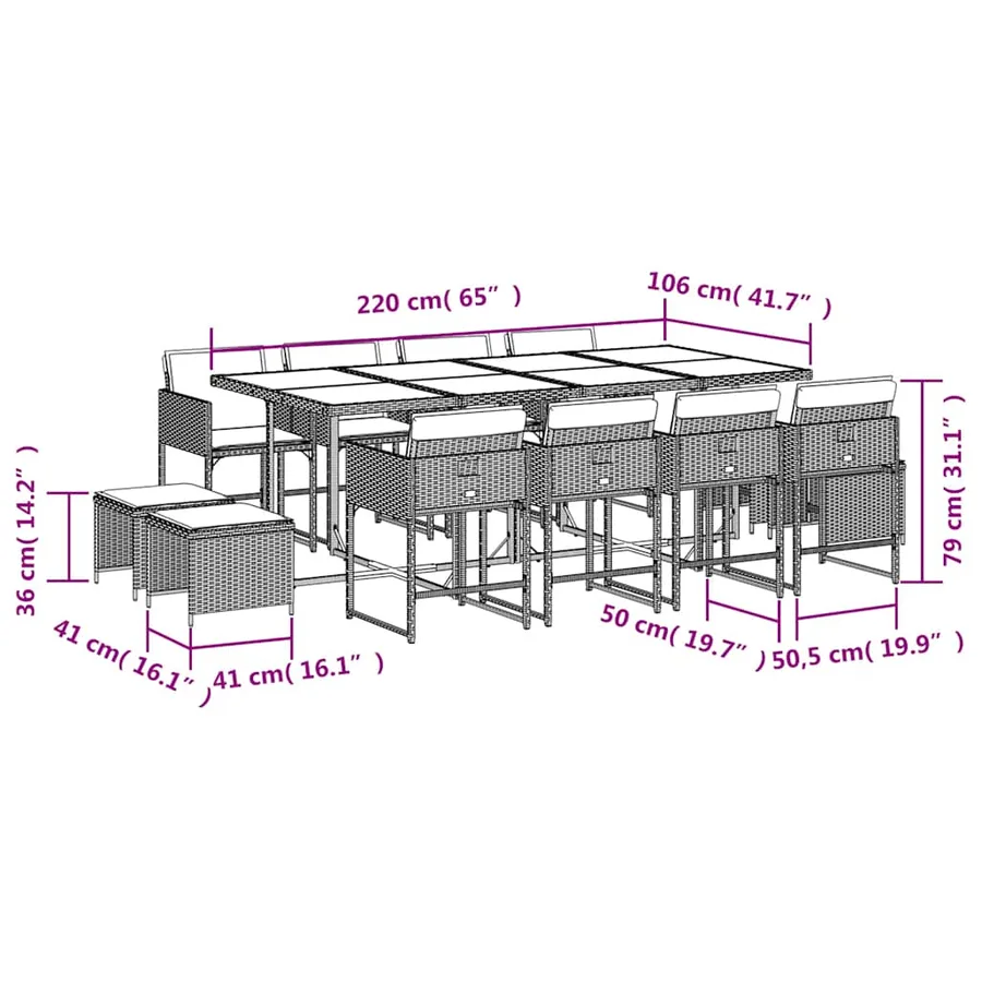 Ensemble à manger de jardin avec coussins 13 pcs marron rotin - 11