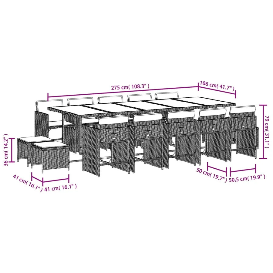 Ensemble à manger de jardin et coussins 15 pcs gris clair rotin - 11