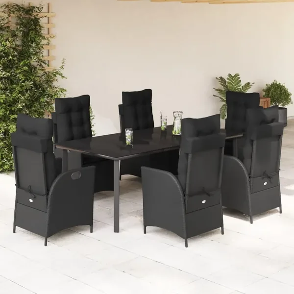 Ensemble à manger de jardin coussins 7pcs Noir Résine tressée