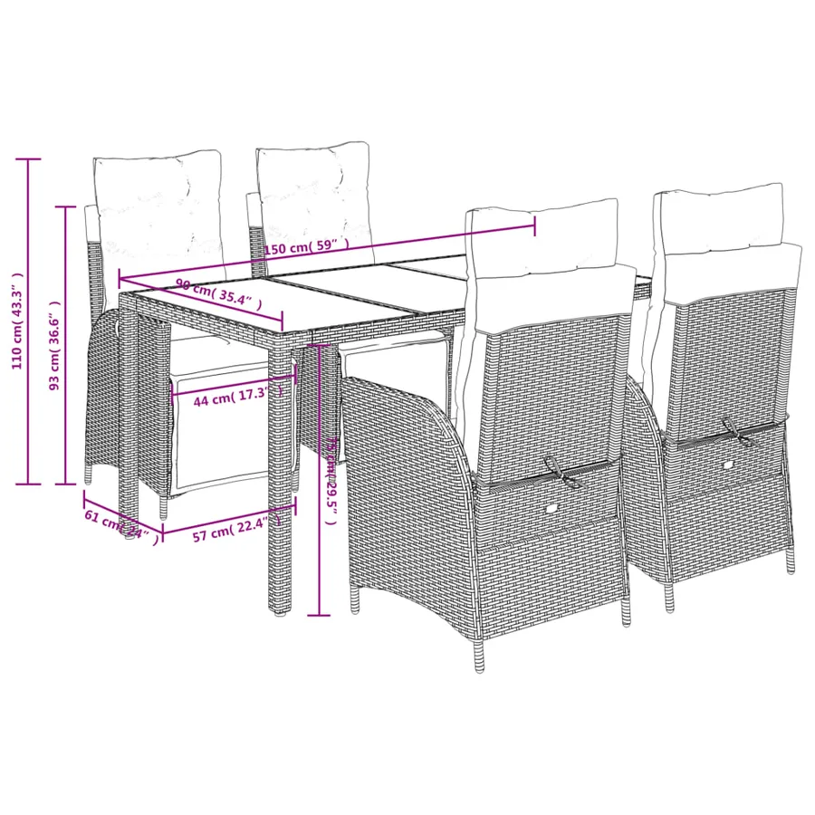 Ensemble à manger de jardin coussins 5pcs Noir Résine tressée - 9