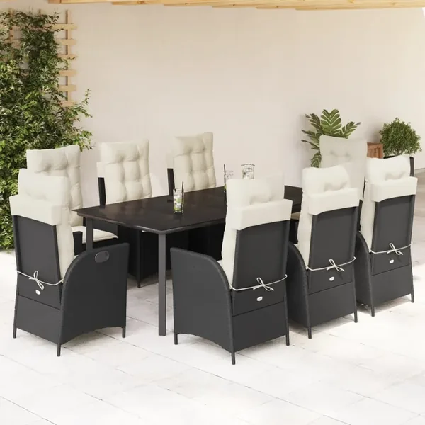 Ensemble à manger de jardin 9pcs coussins noir résine tressée