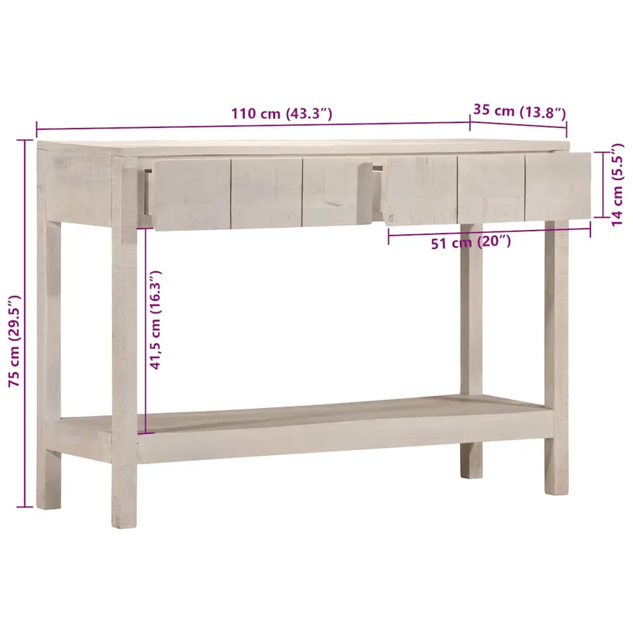Table console blanc 110x35x75 cm bois de manguier solide - 10