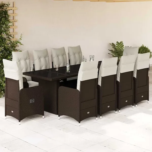 Ensemble de bistro de jardin 11 pcs coussins marron poly rotin